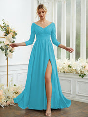 A-Line/Princess Chiffon Lace V-neck Long Sleeves Floor-Length Bridesmaid Dresses