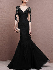 Mermaid / Trumpet Evening Gown Elegant Dress Formal Wedding Guest Floor Length Half Sleeve V Neck Tulle with Buttons Appliques