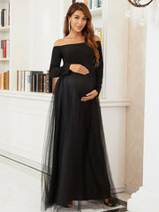 A-Line Mother of the Bride Dress Maternity Elegant Off Shoulder Floor Length Tulle Long Sleeve with Tier Black