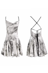 Simple Floral Ink-wash Pattern Design A-line Sleeveless Spaghetti Strap Dress HZ1024
