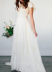 Beach Chiffon A-Line Simple White Wedding Dress with Short Sleeves