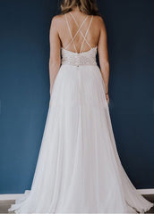Beach Lace Chiffon Halter Sleeveless Open Back Wedding Dresses