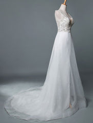 Beach Wedding Dress A Line Sleeveless V Neck High Split Floor Length Backless Sexy Bridal Gown