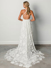 V-Neck Beach Wedding Dress White Sleeveless Backless Lace Split Long Bridal Gowns