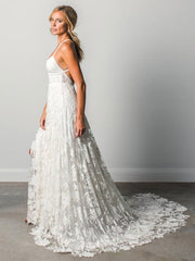 V-Neck Beach Wedding Dress White Sleeveless Backless Lace Split Long Bridal Gowns