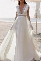 Beach Bohemian Wedding Dress A-line V-neck to ground length long sleeved summer bride dress