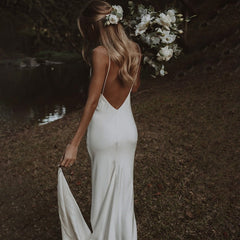 Simple V Neck Spaghetti Straps Mermaid Beach Wedding Dresses