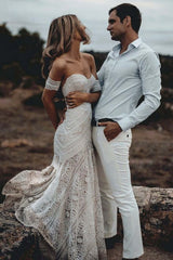 Beach Ivory Lace Wedding Dresses Long Mermaid Bridal Gown