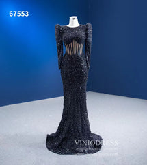 Beaded Black Mermaid Formal Evening Dresses Long Sleeve Pageant Gowns 67553