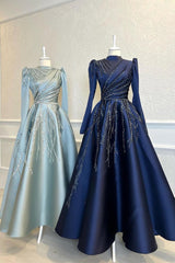 Beaded Prom Dress with Long Sleeves A-Line Pleated Evening Dress with Appliques
