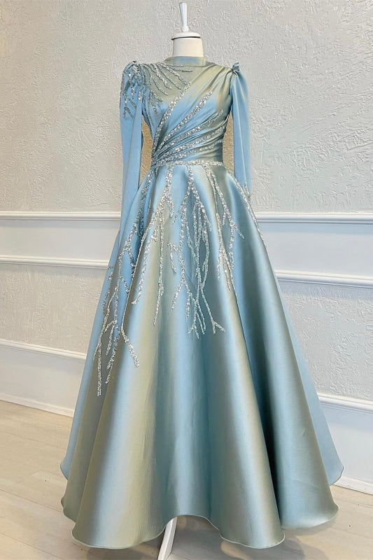 Beaded Prom Dress with Long Sleeves A-Line Pleated Evening Dress with Appliques