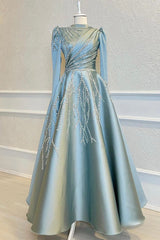 Beaded Prom Dress with Long Sleeves A-Line Pleated Evening Dress with Appliques