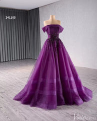 Beaded Purple Tulle Prom Dresses Off the Shoulder Formal Gowns 241105
