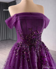 Beaded Purple Tulle Prom Dresses Off the Shoulder Formal Gowns 241105