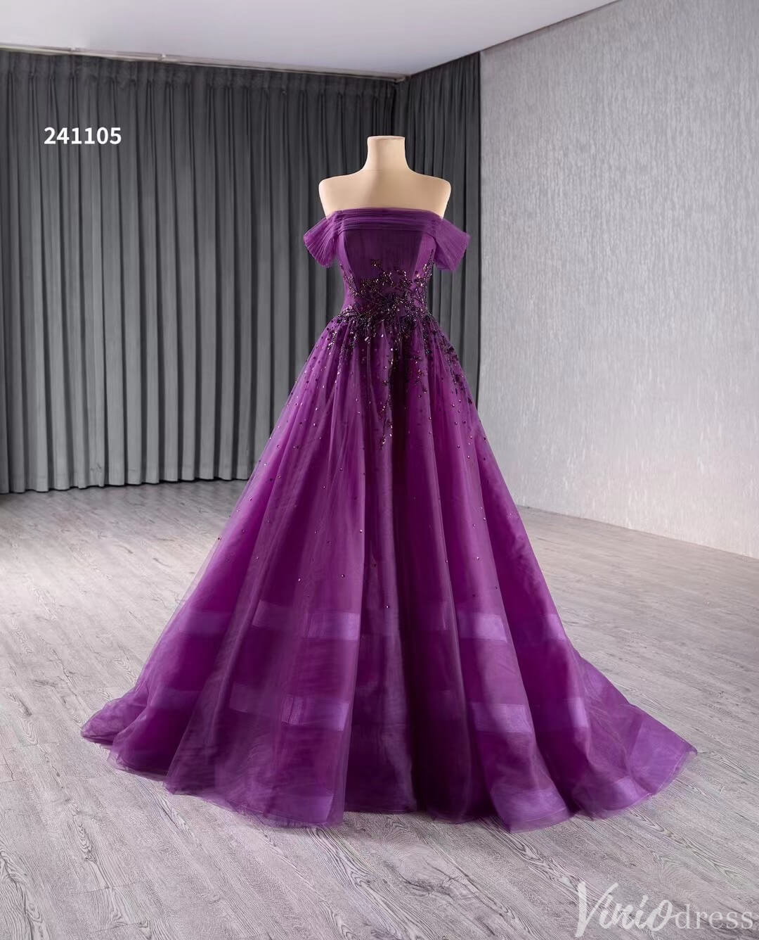 Beaded Purple Tulle Prom Dresses Off the Shoulder Formal Gowns 241105