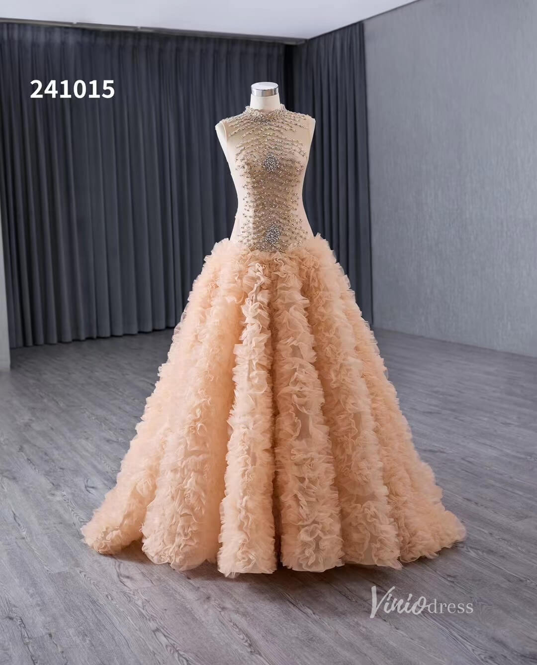 Beaded Ruffled Wedding Dresses High Neck Sleeveless Prom Dresses 241015