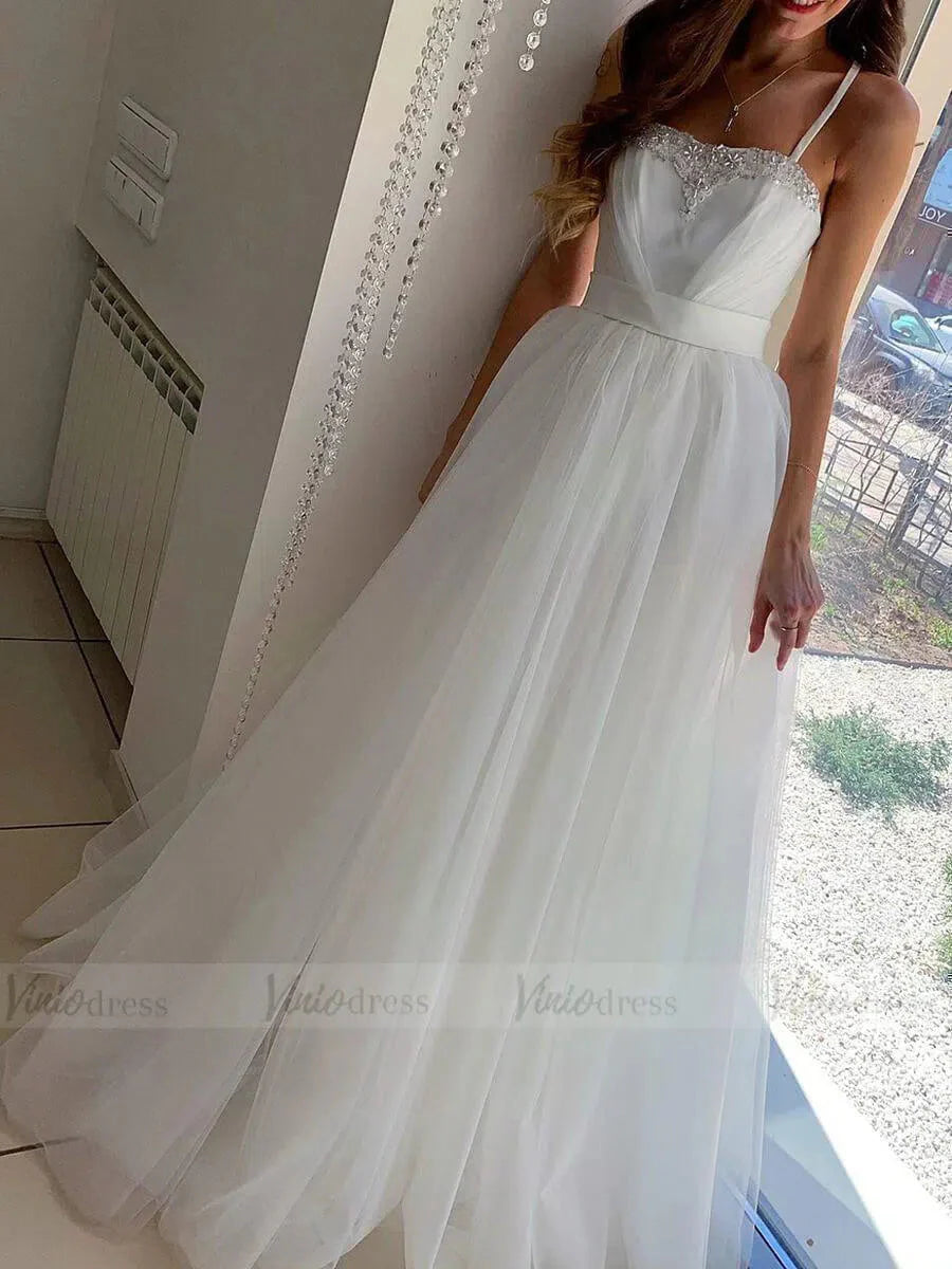 Beaded Spaghetti Strap Beach Wedding Dresses Tulle Bridal Dress VW1354