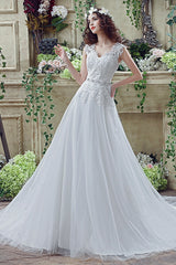 Long V-Neck A-line White Wedding Dress with Appliques
