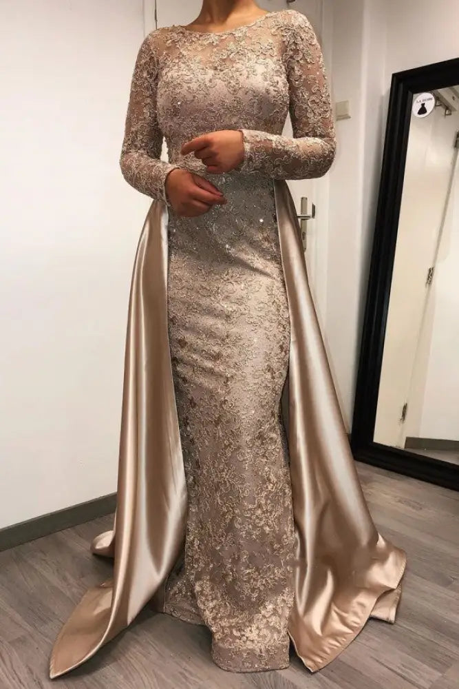 Beadings mermaid Evening Dress Long Sleeves with Satin Detachable Train
