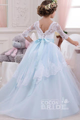 Hocille Beautiful 3/4 Sleeves Ball Gown for Flower Girls with Lace Scoop Neck