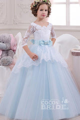 Hocille Beautiful 3/4 Sleeves Ball Gown for Flower Girls with Lace Scoop Neck