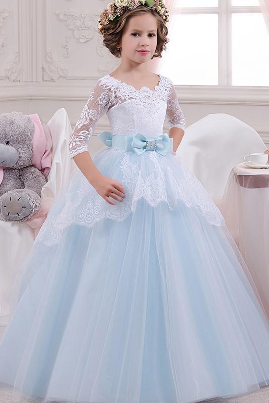 Hocille Beautiful 3/4 Sleeves Ball Gown for Flower Girls with Lace Scoop Neck