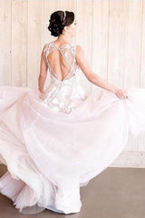 Beautiful A-Line Deep V-Neck Tulle Wedding Dress with Open Back Appliques Lace
