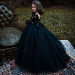 Beautiful Black Long Sleeve Flower Girl Dress with Tulle Appliques Lace & Pearls