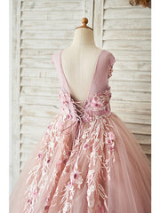 Beautiful Floor Length Jewel Ball Gown Flower Girl Dresses with Lace Tulle & Pearls