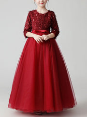 Hocille Beautiful Jewel A-Line Flower Girl Dress with 3/4 Length Sleeves and Tulle Feathers & Sequins
