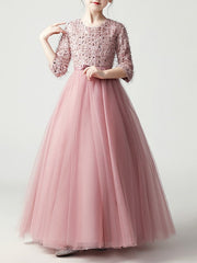 Hocille Beautiful Jewel A-Line Flower Girl Dress with 3/4 Length Sleeves and Tulle Feathers & Sequins