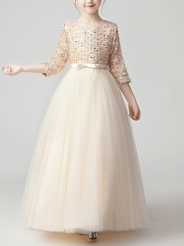 Hocille Beautiful Jewel A-Line Flower Girl Dress with 3/4 Length Sleeves and Tulle Feathers & Sequins