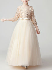 Hocille Beautiful Jewel A-Line Flower Girl Dress with 3/4 Length Sleeves and Tulle Feathers & Sequins