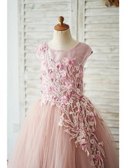 Beautiful Jewel Ball Gown with Pearls and Lace for Flower Girls
