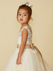 Beautiful Jewel Neck Ball Gown with Lace Tulle, Belt, Buttons, and Beading for Girls