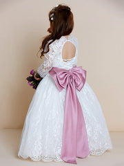 Hocille Beautiful Lace Tulle Ball Gown Flower Girl Dress with Long Sleeve V Neck and Sash Ribbon Bow