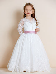 Hocille Beautiful Lace Tulle Ball Gown Flower Girl Dress with Long Sleeve V Neck and Sash Ribbon Bow