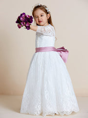 Hocille Beautiful Lace Tulle Ball Gown Flower Girl Dress with Long Sleeve V Neck and Sash Ribbon Bow