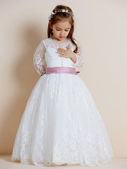 Hocille Beautiful Lace Tulle Ball Gown Flower Girl Dress with Long Sleeve V Neck and Sash Ribbon Bow