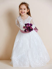 Hocille Beautiful Lace Tulle Ball Gown Flower Girl Dress with Long Sleeve V Neck and Sash Ribbon Bow