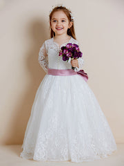 Hocille Beautiful Lace Tulle Ball Gown Flower Girl Dress with Long Sleeve V Neck and Sash Ribbon Bow
