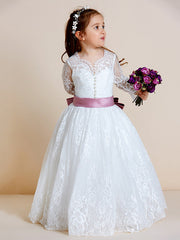 Hocille Beautiful Lace Tulle Ball Gown Flower Girl Dress with Long Sleeve V Neck and Sash Ribbon Bow
