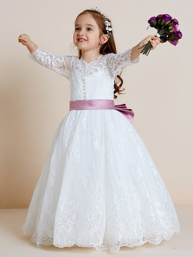 Hocille Beautiful Lace Tulle Ball Gown Flower Girl Dress with Long Sleeve V Neck and Sash Ribbon Bow