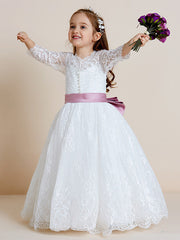 Hocille Beautiful Lace Tulle Ball Gown Flower Girl Dress with Long Sleeve V Neck and Sash Ribbon Bow