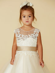 Beautiful Lace Tulle Ball Gown with Belt, Buttons, and Beading for Flower Girls