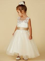 Beautiful Lace Tulle Ball Gown With Belt, Buttons & Beading for Flower Girl Dress