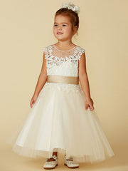 Beautiful Lace Tulle Ball Gown with Sleeveless Jewel Neck, Buttons, Beading, and Belt for Flower Girl Dress