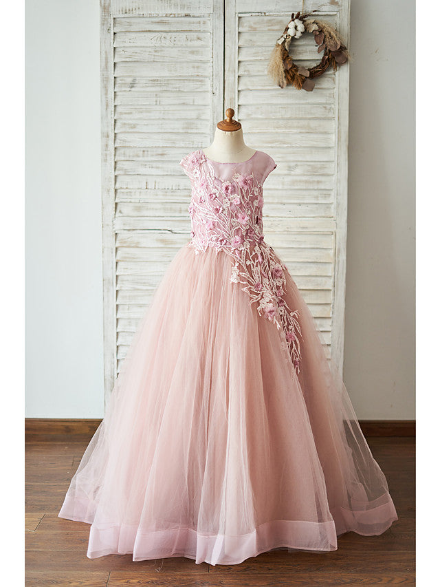 Beautiful Lace Tulle Sleeveless Jewel Ball Gown with Pearls for Flower Girls