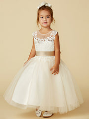 Beautiful Lace Tulle Sleeveless Jewel Neck Ball Gown Flower Girl Dress With Belt Buttons & Beading