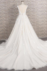 Mooie lange A-Line Tule Lace Appliques Backless trouwjurk